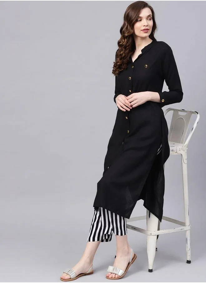 ISHIN Black Kurta Set Straight Fit 3/4 Sleeve Sleeve made from Cotton featuring Self Design design and Round Neck neckline - Perfect for Ethinic!