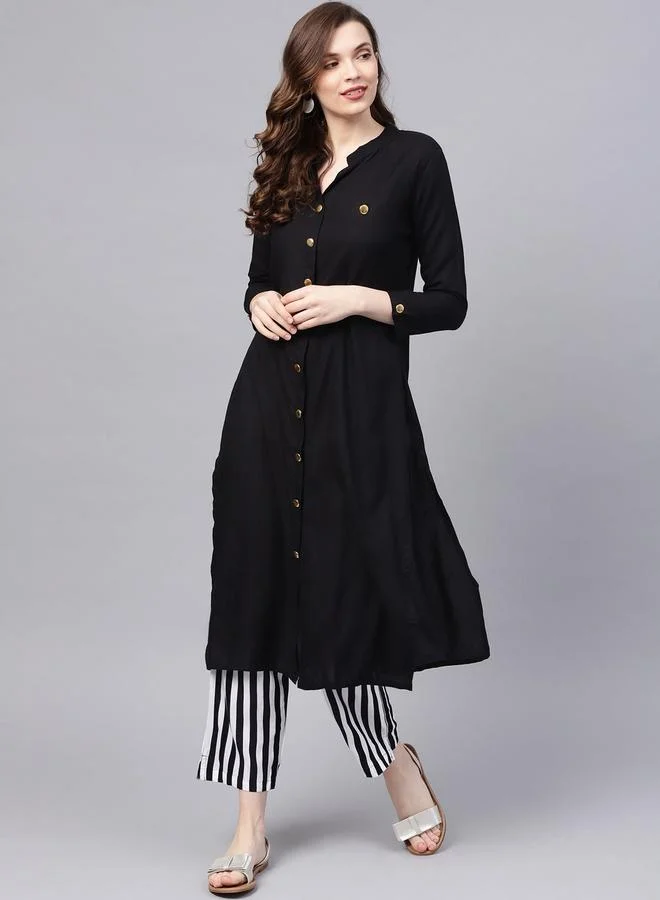 ISHIN Women's Black 100% Cotton Solid Pattern Full Length Palazzo Regular Fit Kurta Set