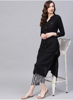 ISHIN Black Kurta Set Straight Fit 3/4 Sleeve Sleeve made from Cotton featuring Self Design design and Round Neck neckline - Perfect for Ethinic!  - Image 1