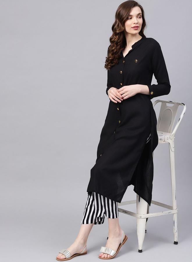 ISHIN Women's Black 100% Cotton Solid Pattern Full Length Palazzo Regular Fit Kurta Set  - Image 1