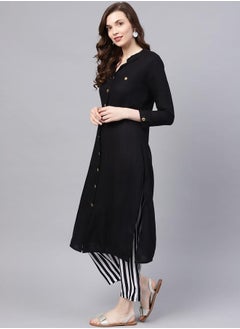 ISHIN Black Kurta Set Straight Fit 3/4 Sleeve Sleeve made from Cotton featuring Self Design design and Round Neck neckline - Perfect for Ethinic!  - Image 5