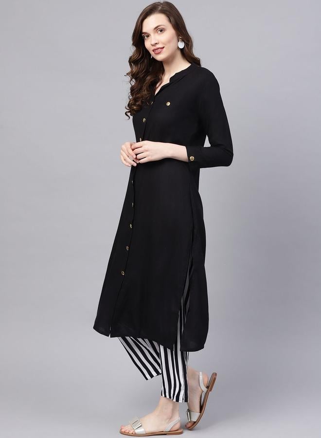 ISHIN Women's Black 100% Cotton Solid Pattern Full Length Palazzo Regular Fit Kurta Set  - Image 5