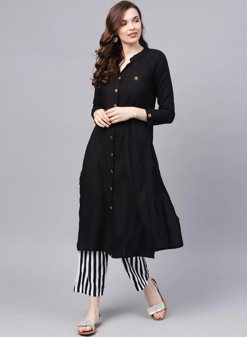 ISHIN Women's Black 100% Cotton Solid Pattern Full Length Palazzo Regular Fit Kurta Set