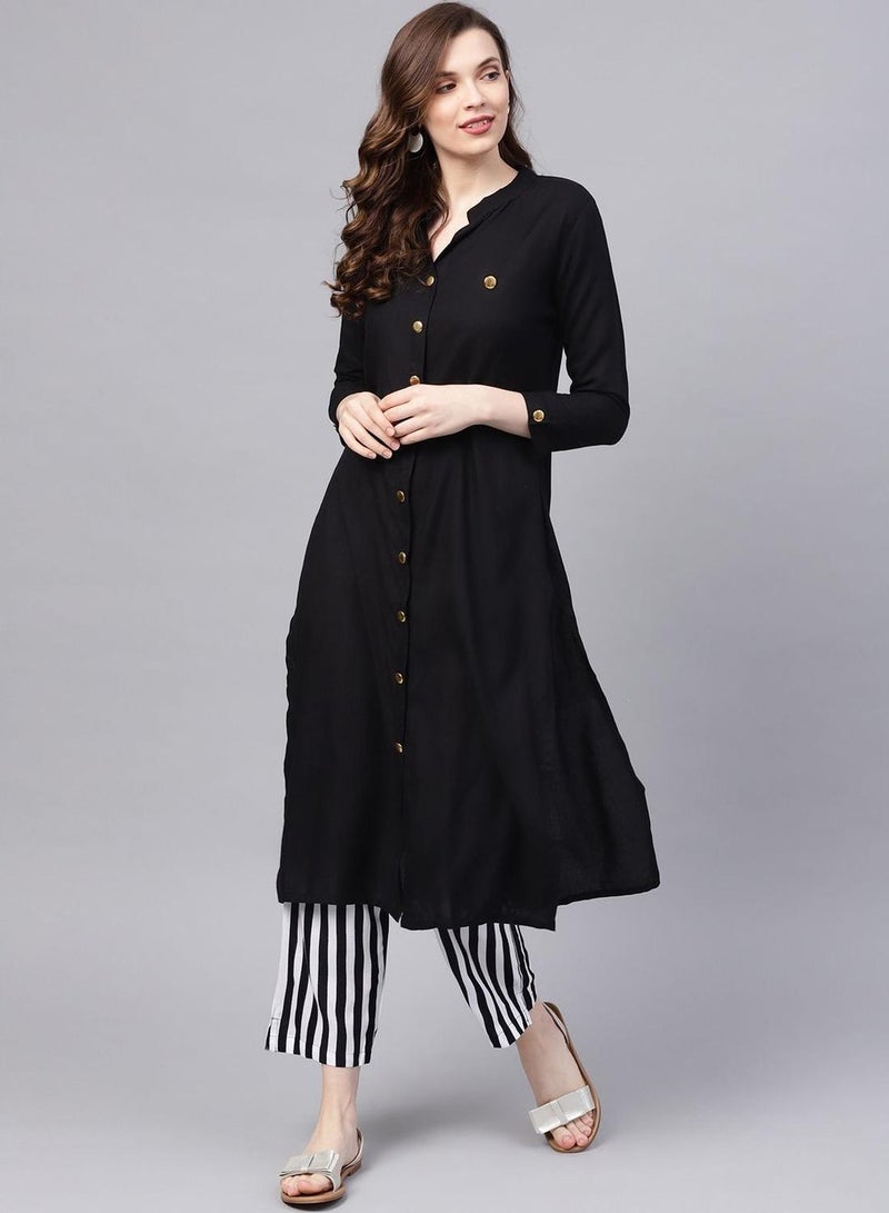 ISHIN Women's Black 100% Cotton Solid Pattern Full Length Palazzo Regular Fit Kurta Set - Image 5