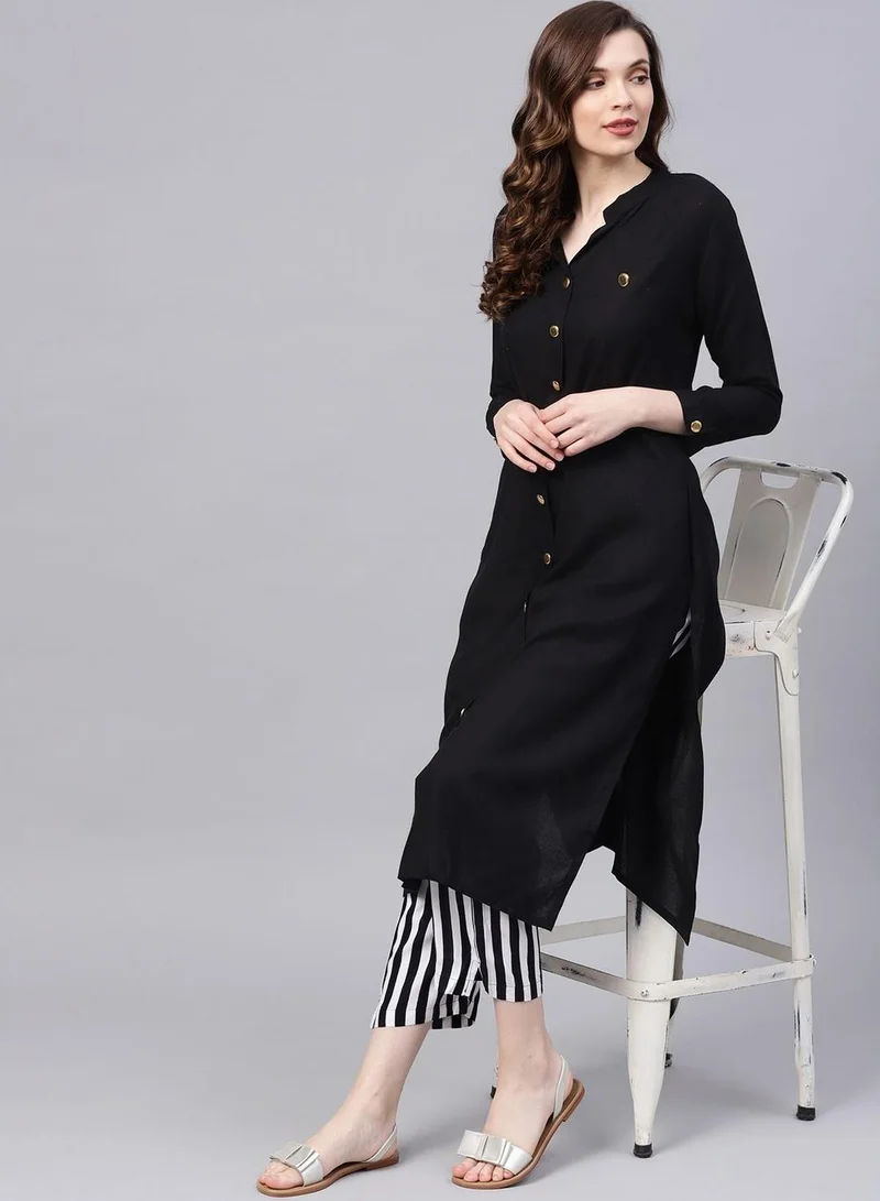 آي شين Women's Black 100% Cotton Solid Pattern Full Length Palazzo Regular Fit Kurta Set