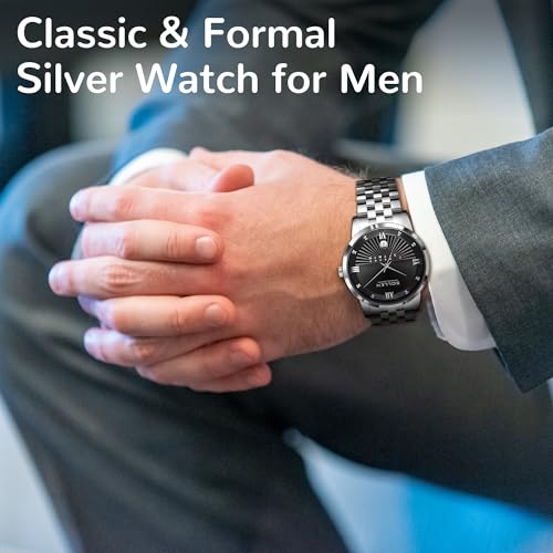 SOLLEN Silver Men's Casual Watches, Formal Analog Quartz Wristwatch with Calendar & Day Display, 30M Waterproof Stainless Steel Chain Strap, Business, Classic, Luxury Mens Watch - 39mm - Image 2