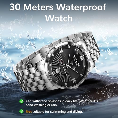 SOLLEN Silver Men's Casual Watches, Formal Analog Quartz Wristwatch with Calendar & Day Display, 30M Waterproof Stainless Steel Chain Strap, Business, Classic, Luxury Mens Watch - 39mm - Image 5