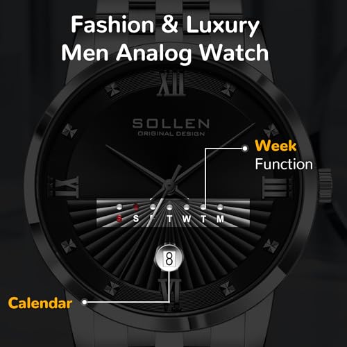 SOLLEN Silver Men's Casual Watches, Formal Analog Quartz Wristwatch with Calendar & Day Display, 30M Waterproof Stainless Steel Chain Strap, Business, Classic, Luxury Mens Watch - 39mm - Image 4