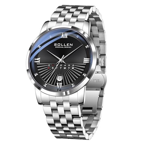 SOLLEN Silver Men's Casual Watches, Formal Analog Quartz Wristwatch with Calendar & Day Display, 30M Waterproof Stainless Steel Chain Strap, Business, Classic, Luxury Mens Watch - 39mm - Image 1