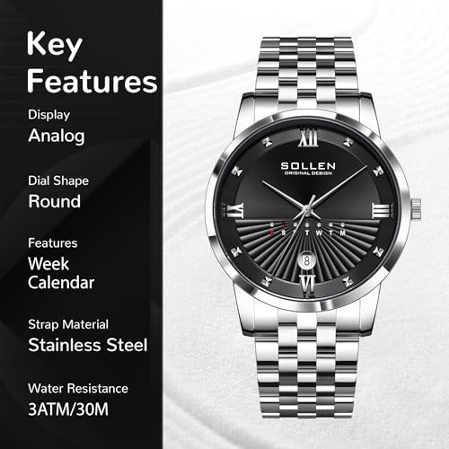 SOLLEN Silver Men's Casual Watches, Formal Analog Quartz Wristwatch with Calendar & Day Display, 30M Waterproof Stainless Steel Chain Strap, Business, Classic, Luxury Mens Watch - 39mm - Image 3