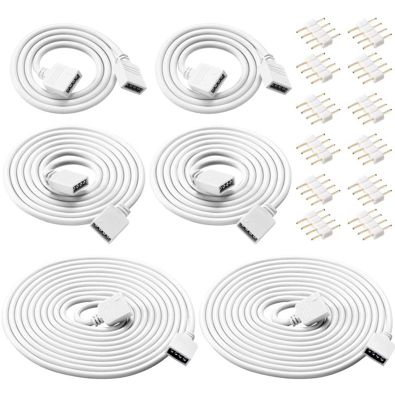 Honoson 6 Pieces 4 Pin RGB Extension Cable LED Strip Connector Cord Wire Cables Kit with 12 Pieces Pin Connector for 5050 3528 RGB LED Strip Light(1.6 FT, 3.3 FT, 6.6 FT,White) - Image 1