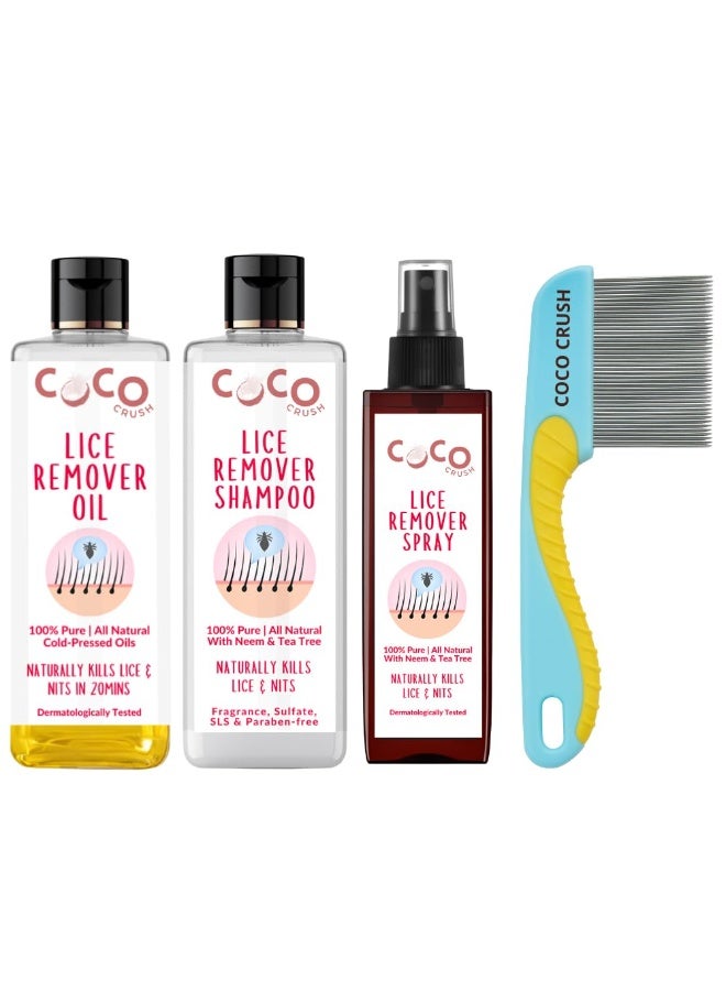 Coco Crush 100% Natural Lice Treatment Kit | Ayurvedic Lice Oil, Anti-Lice Shampoo, Herbal Lice Spray & Long Handle Comb | Safe, Chemical-Free & Effective Lice & Nit Removal for Kids & Adults (300ml(3x100ml) + Comb) - Image 1