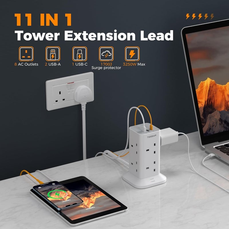 TESSAN Tower Power Strip with Surge Protector, Extension Cord with 3 USB Charging Stations (1 USB C), 2M Power Extension Cable with 8 Widely Spaced Multi Plug Outlets for Home Office Dorm Room - Image 2