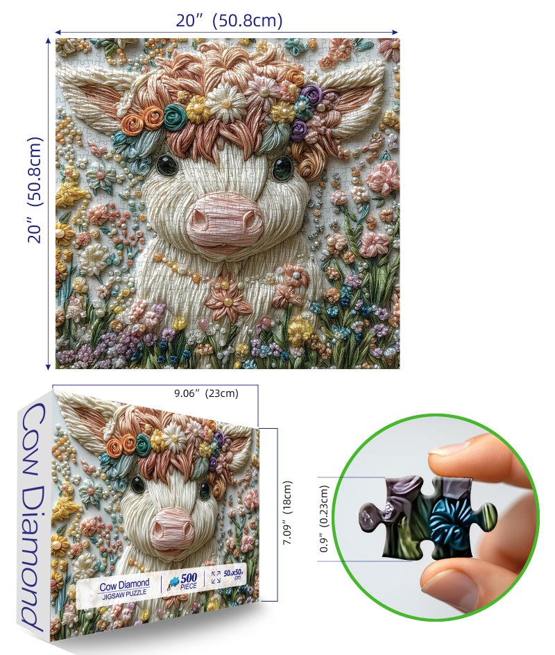 MINIWAN Crystal Highland Cow 500 Piece Puzzles for Adults Cute Cow Flower Animal Jigsaw Puzzles 500 Pieces Highland Cow Diamond Art Difficult Unique Family Challenging Puzzle (20"x20") - Image 2