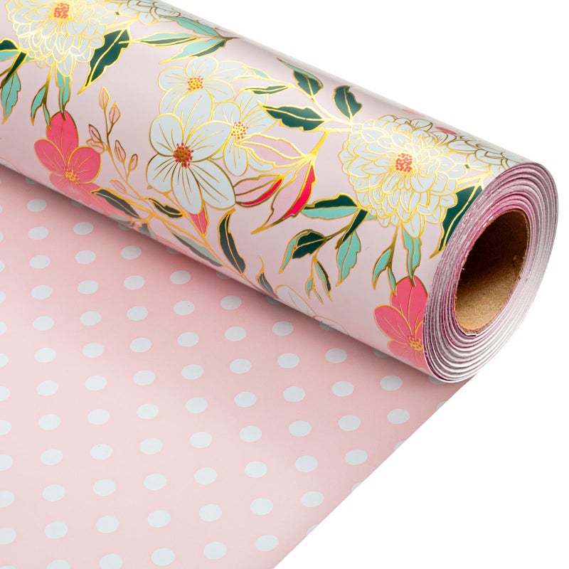 MAYPLUSS Pink Flower Wrapping Paper Roll, Gold Edge Design Floral Gift Wrap For Mothers Day, Wedding, Bridal Shower, Birthday, 17 Inch x 33 Feet - Image 1