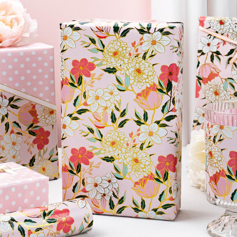 MAYPLUSS Pink Flower Wrapping Paper Roll, Gold Edge Design Floral Gift Wrap For Mothers Day, Wedding, Bridal Shower, Birthday, 17 Inch x 33 Feet - Image 2