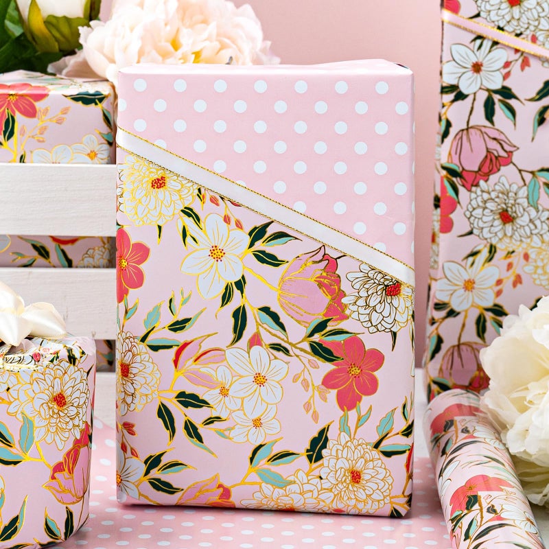 MAYPLUSS Pink Flower Wrapping Paper Roll, Gold Edge Design Floral Gift Wrap For Mothers Day, Wedding, Bridal Shower, Birthday, 17 Inch x 33 Feet - Image 3