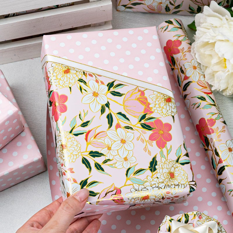 MAYPLUSS Pink Flower Wrapping Paper Roll, Gold Edge Design Floral Gift Wrap For Mothers Day, Wedding, Bridal Shower, Birthday, 17 Inch x 33 Feet - Image 4