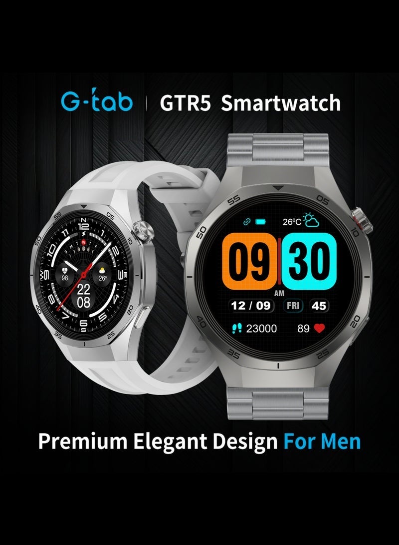 G-Tab ساعة GTR5 الذكية 1.43 بوصة شاشة AMOLED عرض مكالمات بلوتوث شاشة تعمل دائمًا تعمل باللمس مراقب صحة 24/7 معدل ضربات القلب SpO2 تتبع النوم 23 وضع رياضي مساعد صوتي ذكي مقاومة للماء 3ATM بطارية تدوم 7 أيام أندرويد iOS للجنسين - Image 2