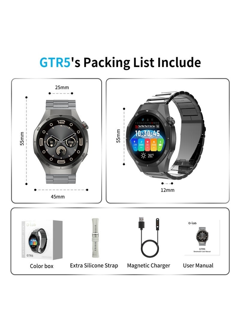 G-Tab ساعة GTR5 الذكية 1.43 بوصة شاشة AMOLED عرض مكالمات بلوتوث شاشة تعمل دائمًا تعمل باللمس مراقب صحة 24/7 معدل ضربات القلب SpO2 تتبع النوم 23 وضع رياضي مساعد صوتي ذكي مقاومة للماء 3ATM بطارية تدوم 7 أيام أندرويد iOS للجنسين - Image 3