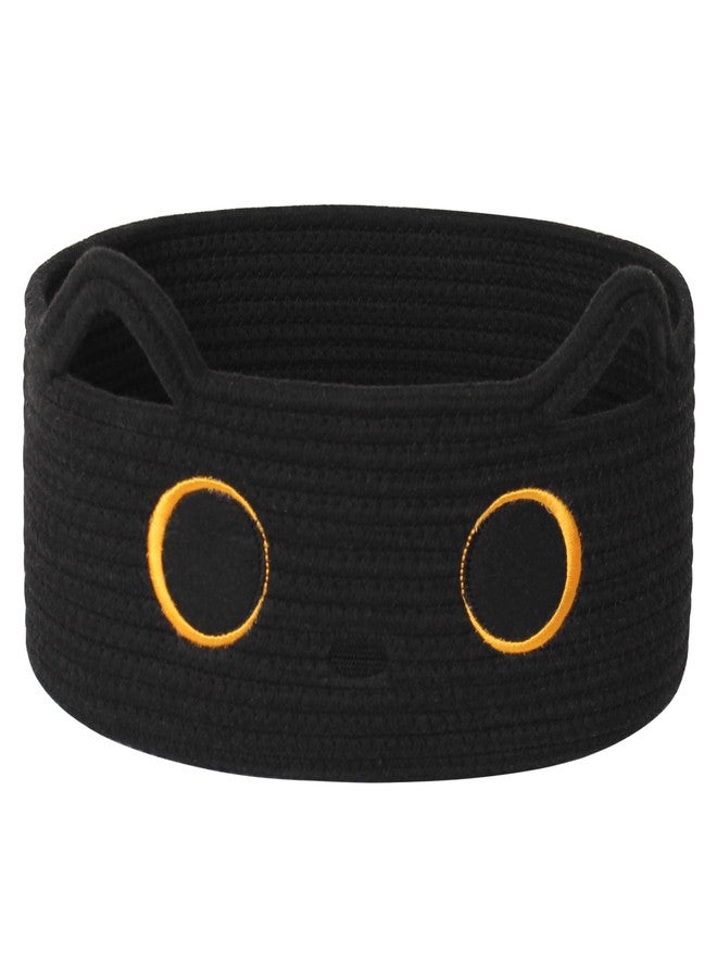 WILLITAT Black Cat Toy Basket, Small Woven Cat Toy Storage Box with Cute Ears Handle Indoor, Cotton Rope Storage Bin with Embroidered Face for Halloween Decor, Pet Bed, Nursery Kids Room Organization - Image 1