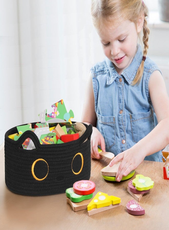WILLITAT Black Cat Toy Basket, Small Woven Cat Toy Storage Box with Cute Ears Handle Indoor, Cotton Rope Storage Bin with Embroidered Face for Halloween Decor, Pet Bed, Nursery Kids Room Organization - Image 5