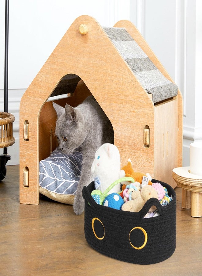WILLITAT Black Cat Toy Basket, Small Woven Cat Toy Storage Box with Cute Ears Handle Indoor, Cotton Rope Storage Bin with Embroidered Face for Halloween Decor, Pet Bed, Nursery Kids Room Organization - Image 3