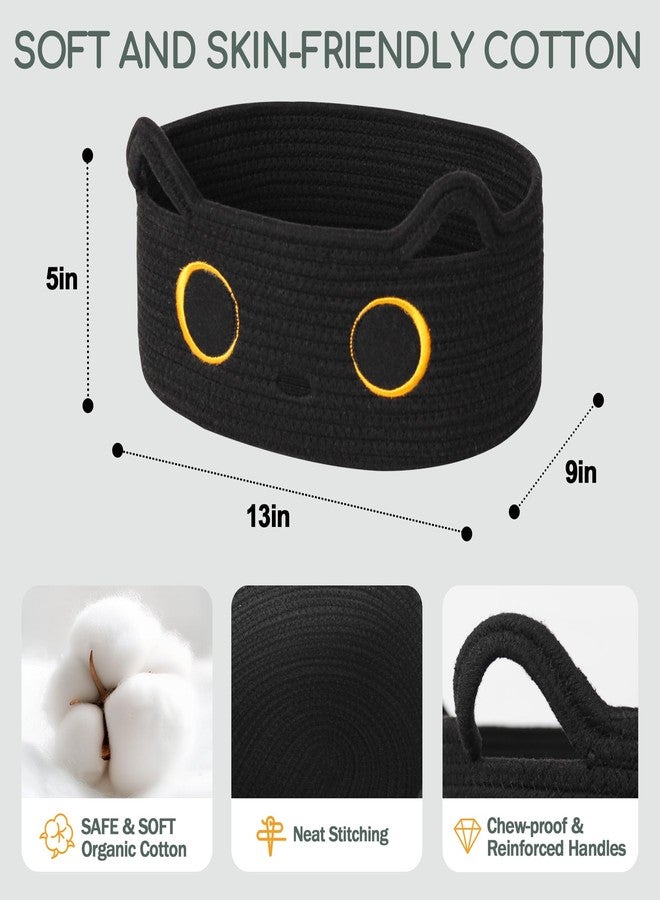 WILLITAT Black Cat Toy Basket, Small Woven Cat Toy Storage Box with Cute Ears Handle Indoor, Cotton Rope Storage Bin with Embroidered Face for Halloween Decor, Pet Bed, Nursery Kids Room Organization - Image 2