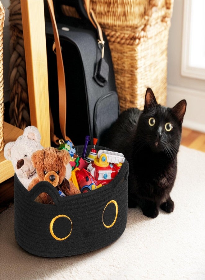 WILLITAT Black Cat Toy Basket, Small Woven Cat Toy Storage Box with Cute Ears Handle Indoor, Cotton Rope Storage Bin with Embroidered Face for Halloween Decor, Pet Bed, Nursery Kids Room Organization - Image 4