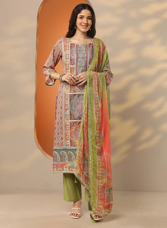 Libas Multi Printed Silk Blend Straight Kurta, Trousers And Dupatta Set