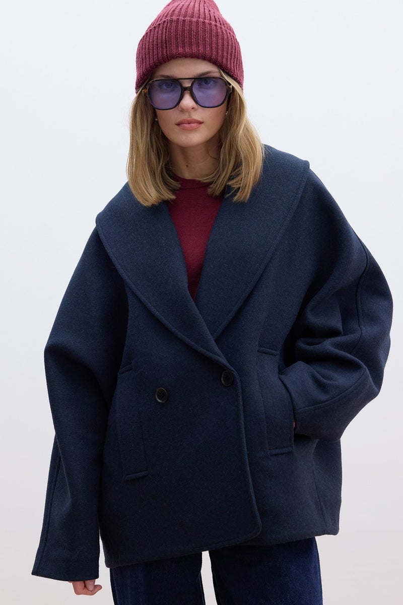 Manuka Italian Cashmere Double Breasted Coat Navy Blue  - Image 2