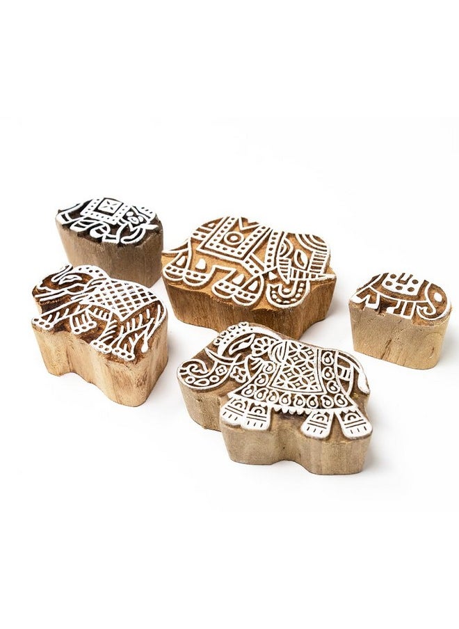 Hashcart Elephant Wooden Stamps For Printing (Set Of 5) - Diy Henna Fabric Textile Paper Clay Pottery Block Printing Stamp  - Image 1