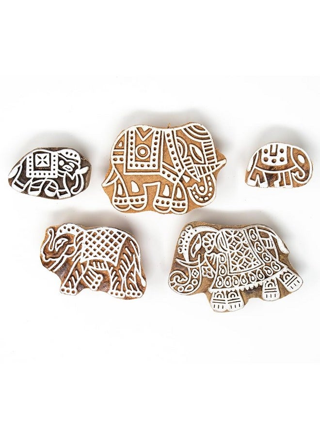 Hashcart Elephant Wooden Stamps For Printing (Set Of 5) - Diy Henna Fabric Textile Paper Clay Pottery Block Printing Stamp  - Image 2