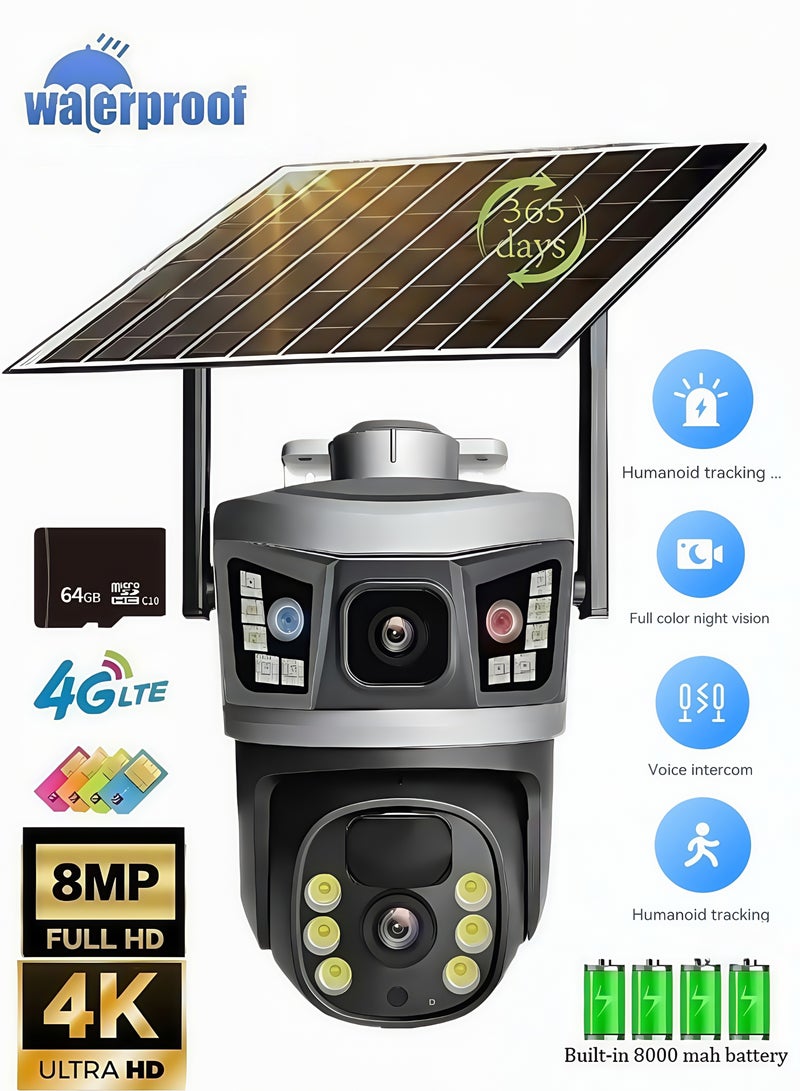 Generic 4G LTE SIM Card IP Security Camera 8 MP CCTV Camera Outdoor Night Vision PTZ Color IR Night Vision Dual Sensor Motion Detection Tilt Surveillance Camera System With Solar Panel(With 64GB SD Card)  - Image 1