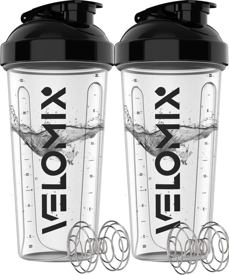 VELOMIX 2 Pack 28 oz Protein Shaker Bottles for Protein Mixes 2x Wire Whisk Leak Proof Shaker Cups for Protein Shakes Protein Shaker Bottle Pack Shakers for Protein Shakes 2xTransparent