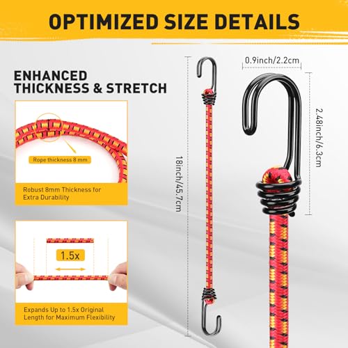 ELEAD 18" Elastic Bungee Cords with Hooks: 10 Pcs Bungee Cords Heavy Duty Outdoor, Bungie Cord Bundle Assortment with Metal Hook, Bungee Straps for Kayaking, Camping, Garage Storage - Image 2