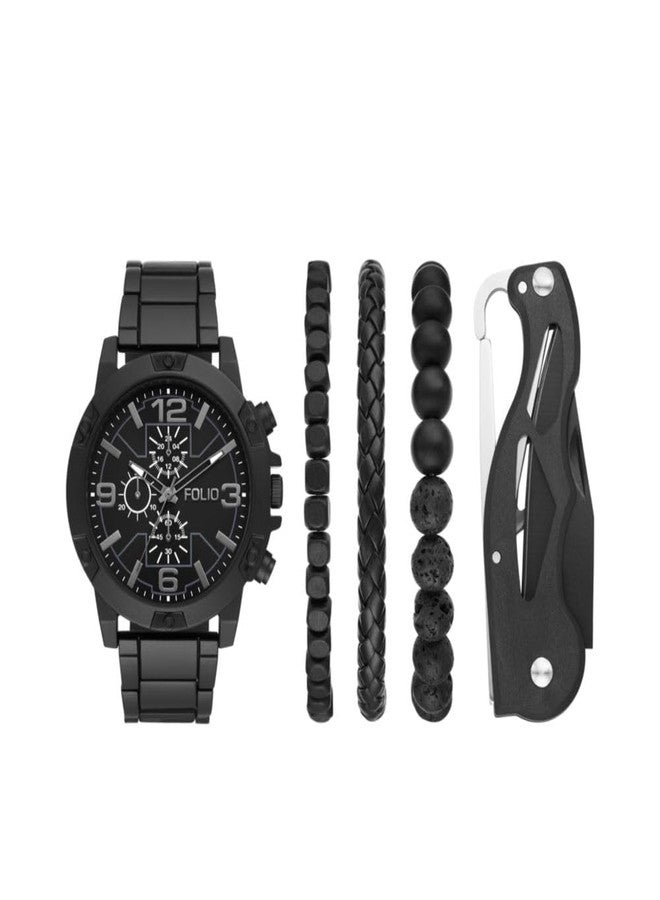 فوليو طقم هدايا رجالي من فوليو يتضمن ساعة وأساور وأداة متعددة الاستخدامات، أسود - Image 1