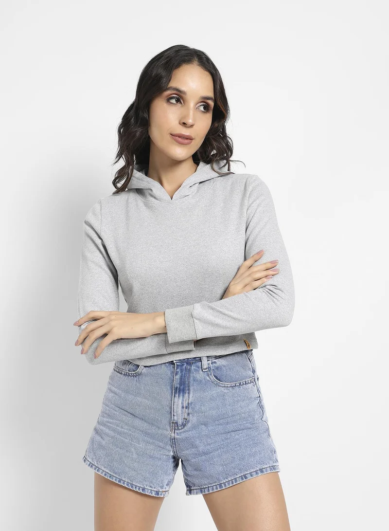 Campus Sutra Women's Light Grey Pullover Hoodie With Contrast Drawstrings