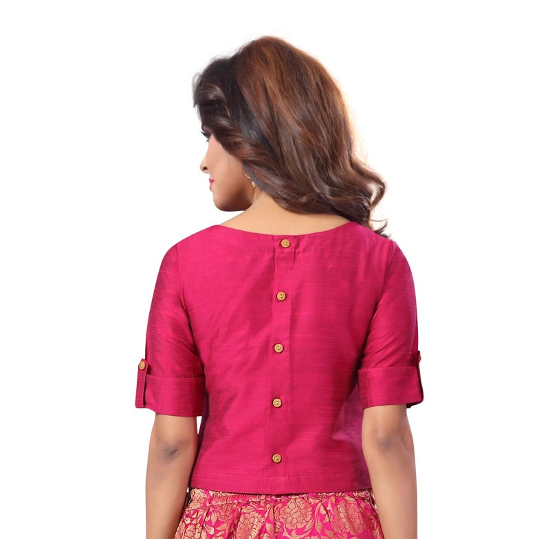 Studio Shringaar Women's Cotton Silk Half Sleeve Crop Top Saree Blouse (Pink, 42) - Image 3