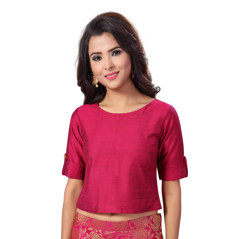 Studio Shringaar Women's Cotton Silk Half Sleeve Crop Top Saree Blouse (Pink, 42) - Image 5