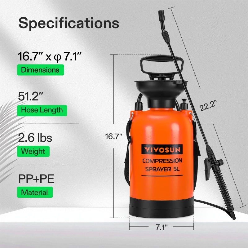 VIVOSUN 1.35-Gallon Pump Pressure Sprayer, Pressurized Lawn & Garden Water Spray Bottle with Adjustable Shoulder Strap, for Spraying Plants, Garden Watering and Household Cleaning - Image 2