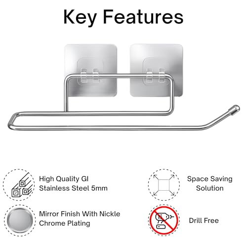 Yumun 2 Pcs Stainless Steel Toilet Paper Holder | Wall Mounted Tissue Holder | Self Adhesive & Drill-Free | Corrosion-Resistant Metal | Toilet Roll Holder for Bathroom | Modern Bathroom Accessories - Image 4