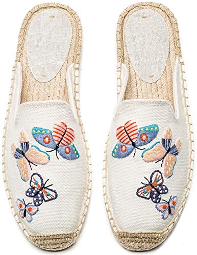 U-lite Women's Stylish Embroidery Flat Espadrilles Fancy Mule Beige Butterfly 8 - Image 4