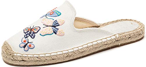 U-lite Women's Stylish Embroidery Flat Espadrilles Fancy Mule Beige Butterfly 8 - Image 1