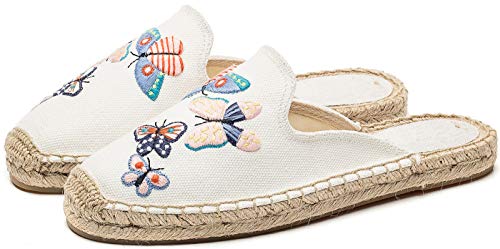 U-lite Women's Stylish Embroidery Flat Espadrilles Fancy Mule Beige Butterfly 8 - Image 3