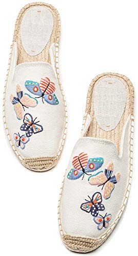 U-lite Women's Stylish Embroidery Flat Espadrilles Fancy Mule Beige Butterfly 8 - Image 5