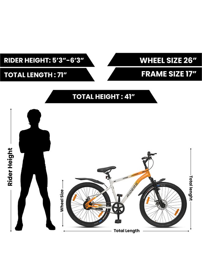 Riders Hawk 26T Premium Mountain Bicycle for Men & Women | Front Suspension, Dual Disc Brakes & Strong Steel Frame | Inner Cable Routing with Rear Carrier, Mud Guards & All-Terrain Tyres | City & Off-Road Cycle | Orange & White - Image 3