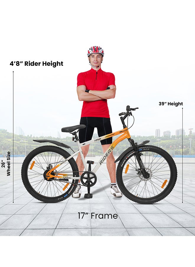 Riders Hawk 26T Premium Mountain Bicycle for Men & Women | Front Suspension, Dual Disc Brakes & Strong Steel Frame | Inner Cable Routing with Rear Carrier, Mud Guards & All-Terrain Tyres | City & Off-Road Cycle | Orange & White - Image 2