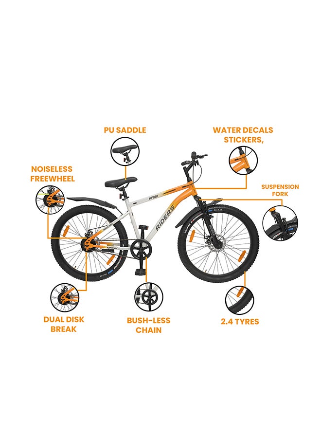Riders Hawk 26T Premium Mountain Bicycle for Men & Women | Front Suspension, Dual Disc Brakes & Strong Steel Frame | Inner Cable Routing with Rear Carrier, Mud Guards & All-Terrain Tyres | City & Off-Road Cycle | Orange & White - Image 4