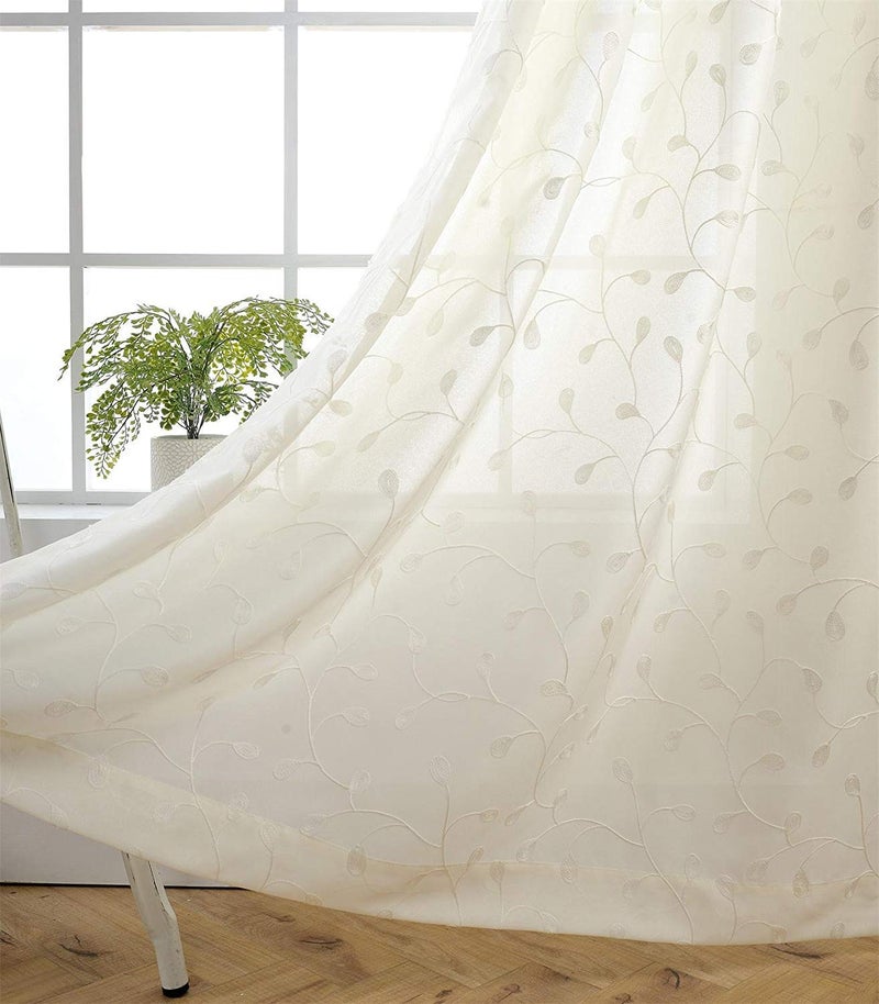 MIUCO Floral Embroidered Semi Sheer Curtains Faux Linen Grommet Curtains for Girls Room 52 x 84 Inch Set of 2 Off White
